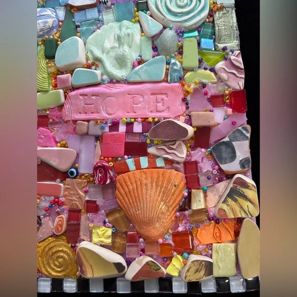 Handmade Mosaic Art” Enchanted Life”Polymer Clay Original On Wood 12”x 8” - Picture 6 of 10